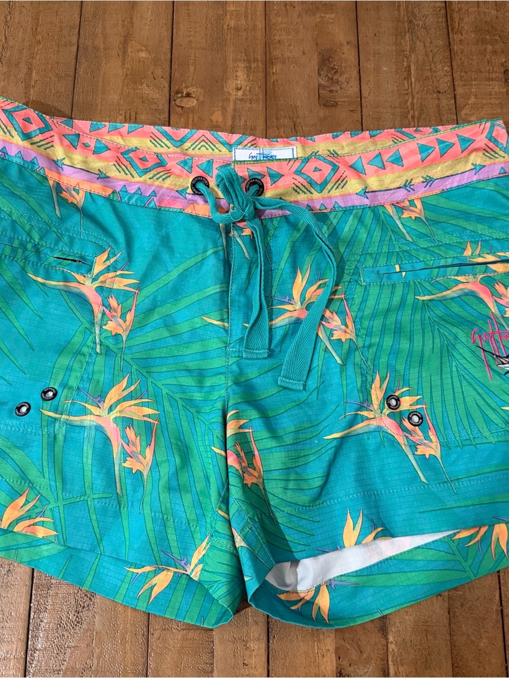 Turquoise Tropical Print Women’s Swim Shorts
